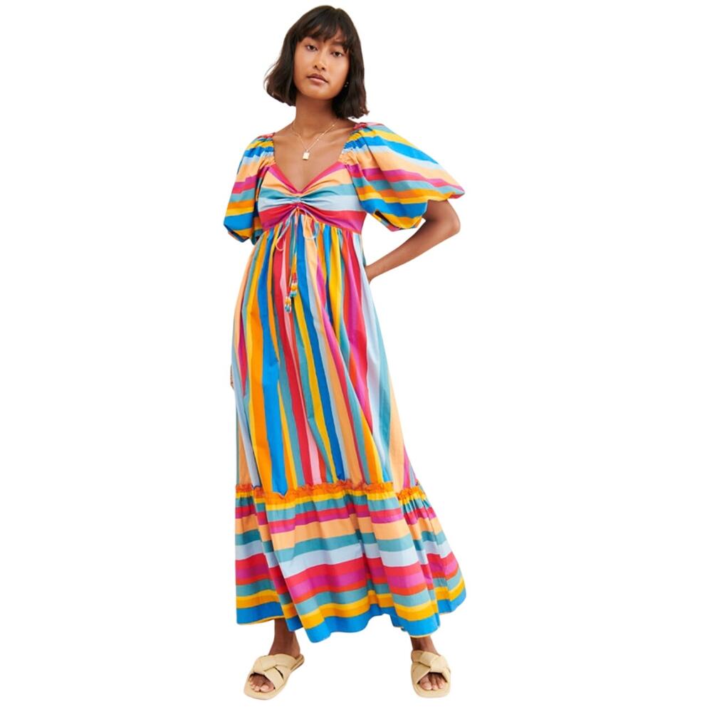 Farm Rio XL Rainbow Colorful 100% Cotton Midi Maxi Dress Vacation Pride Striped